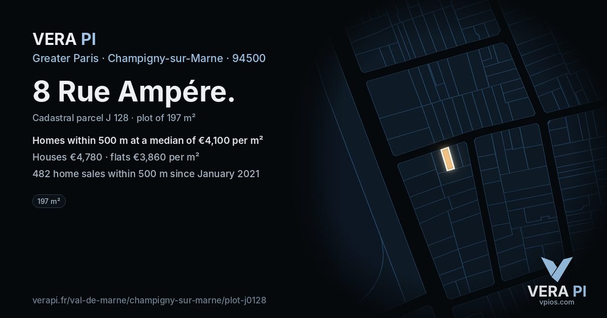 8 Rue Ampére, Champigny-sur-Marne at night – the plot lit, the parcels around coloured by the prices near them