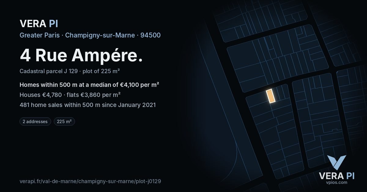 4 Rue Ampére, Champigny-sur-Marne at night – the plot lit, the parcels around coloured by the prices near them