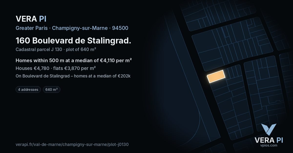 160 Boulevard de Stalingrad, Champigny-sur-Marne at night – the plot lit, the parcels around coloured by the prices near them