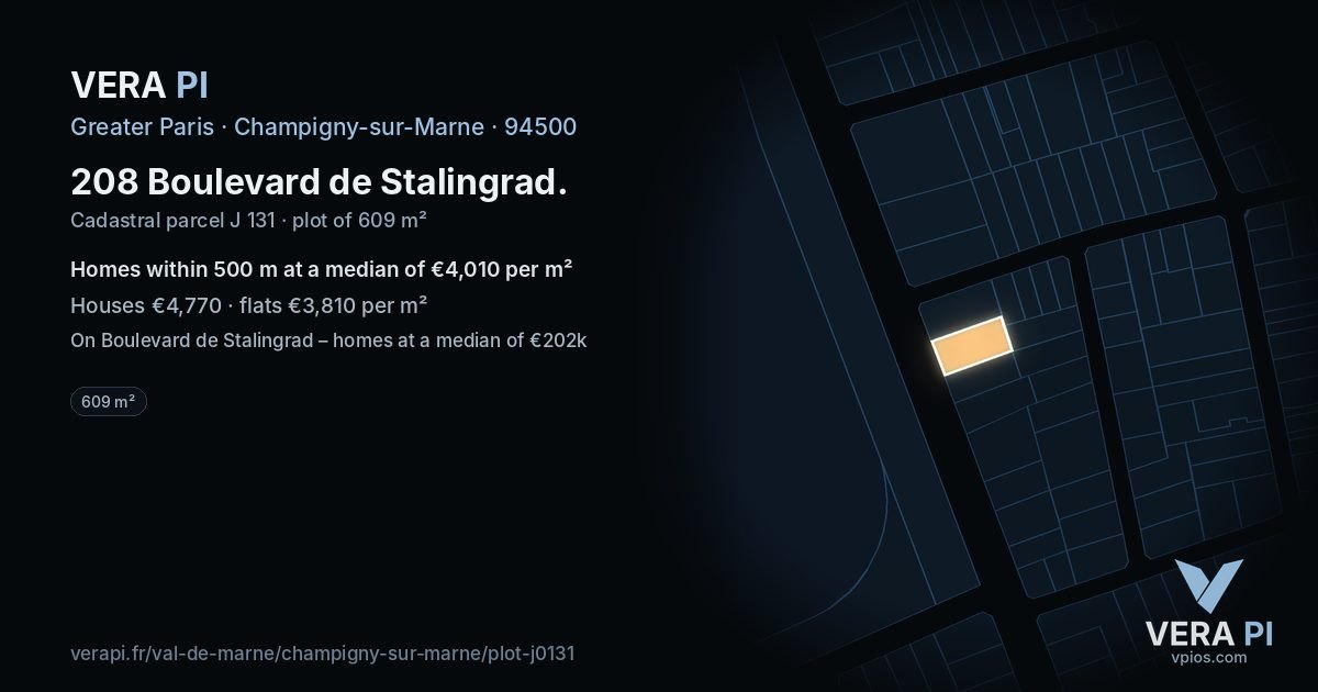 208 Boulevard de Stalingrad, Champigny-sur-Marne at night – the plot lit, the parcels around coloured by the prices near them