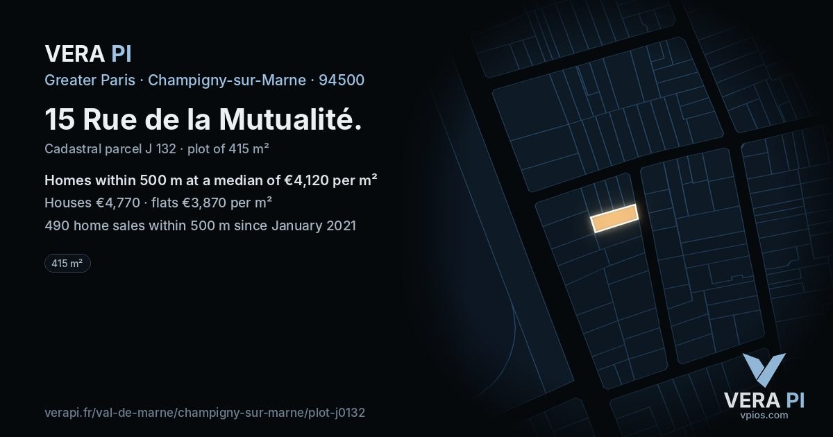 15 Rue de la Mutualité, Champigny-sur-Marne at night – the plot lit, the parcels around coloured by the prices near them