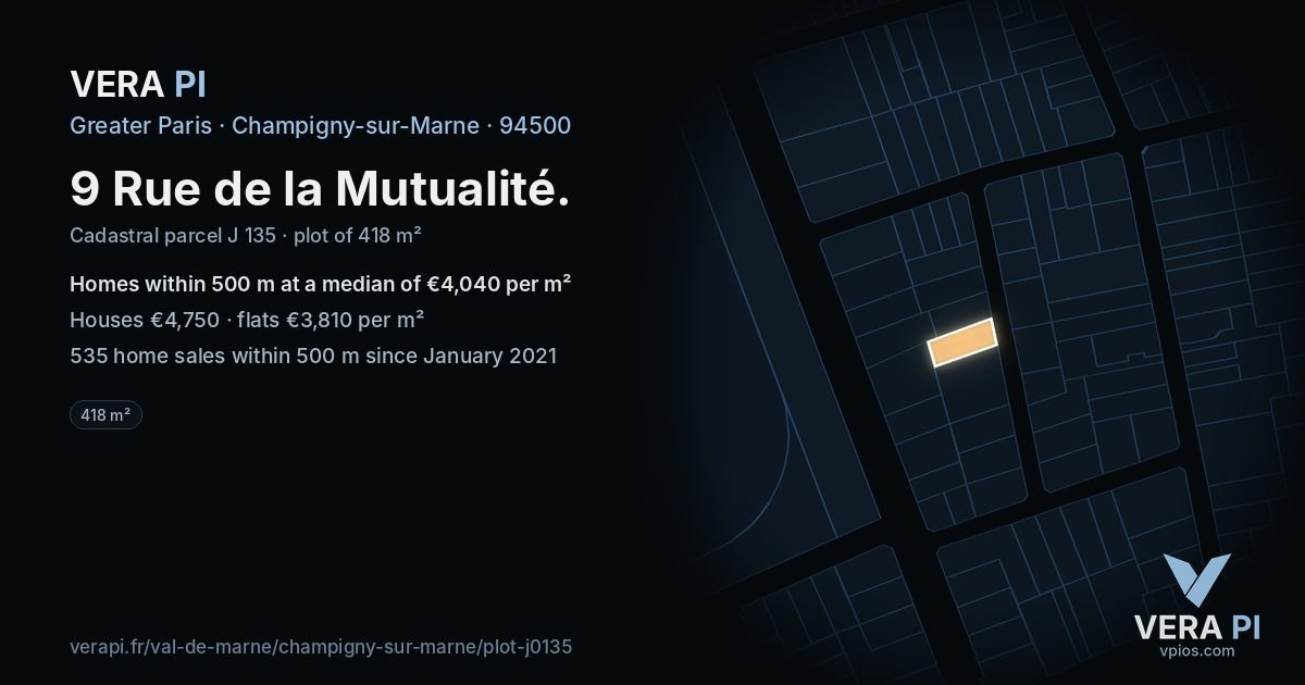 9 Rue de la Mutualité, Champigny-sur-Marne at night – the plot lit, the parcels around coloured by the prices near them