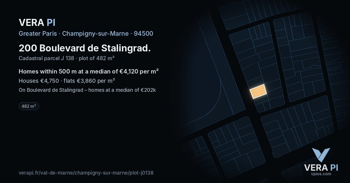 200 Boulevard de Stalingrad, Champigny-sur-Marne at night – the plot lit, the parcels around coloured by the prices near them