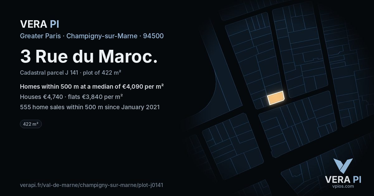 3 Rue du Maroc, Champigny-sur-Marne at night – the plot lit, the parcels around coloured by the prices near them