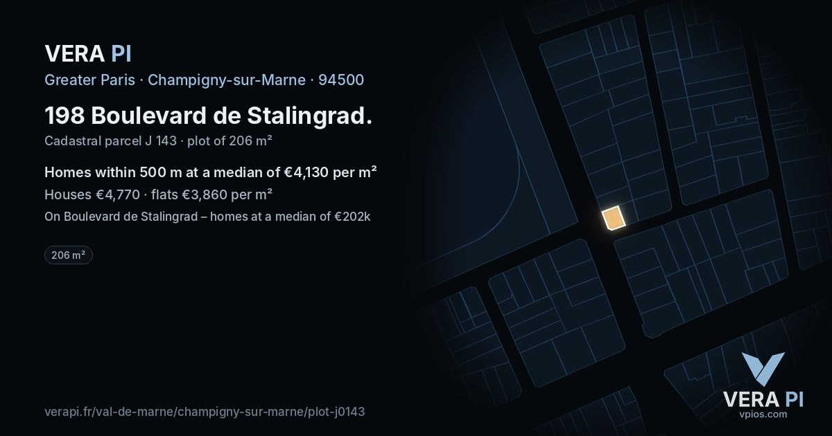 198 Boulevard de Stalingrad, Champigny-sur-Marne at night – the plot lit, the parcels around coloured by the prices near them