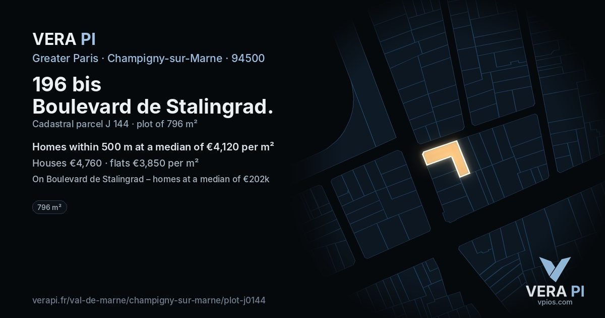 196 bis Boulevard de Stalingrad, Champigny-sur-Marne at night – the plot lit, the parcels around coloured by the prices near them