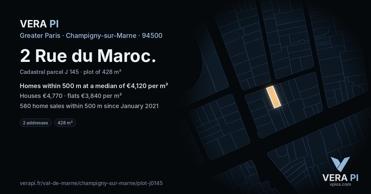 2 Rue du Maroc, Champigny-sur-Marne at night – the plot lit, the parcels around coloured by the prices near them