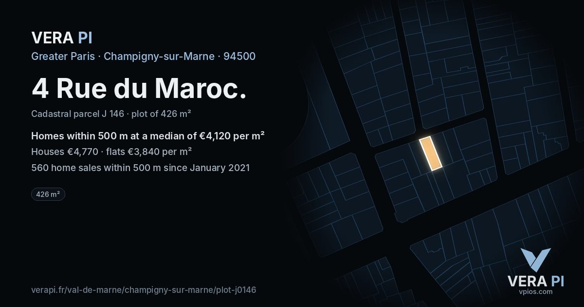 4 Rue du Maroc, Champigny-sur-Marne at night – the plot lit, the parcels around coloured by the prices near them