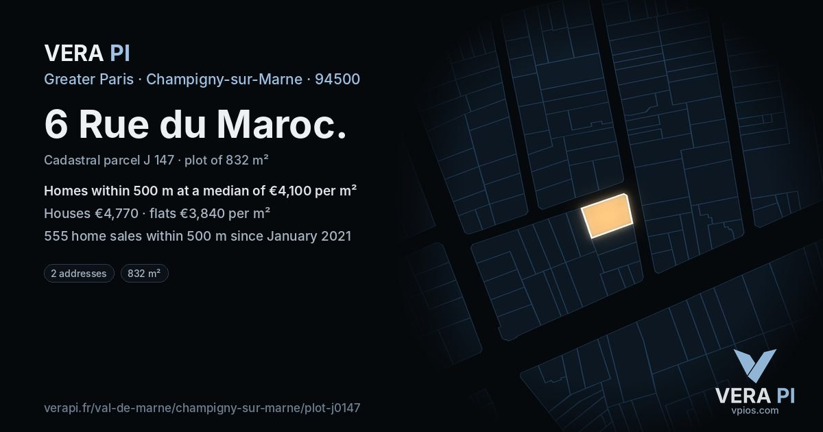 6 Rue du Maroc, Champigny-sur-Marne at night – the plot lit, the parcels around coloured by the prices near them