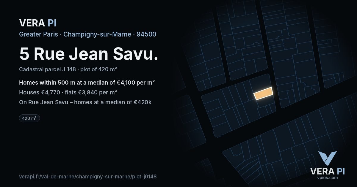 5 Rue Jean Savu, Champigny-sur-Marne at night – the plot lit, the parcels around coloured by the prices near them