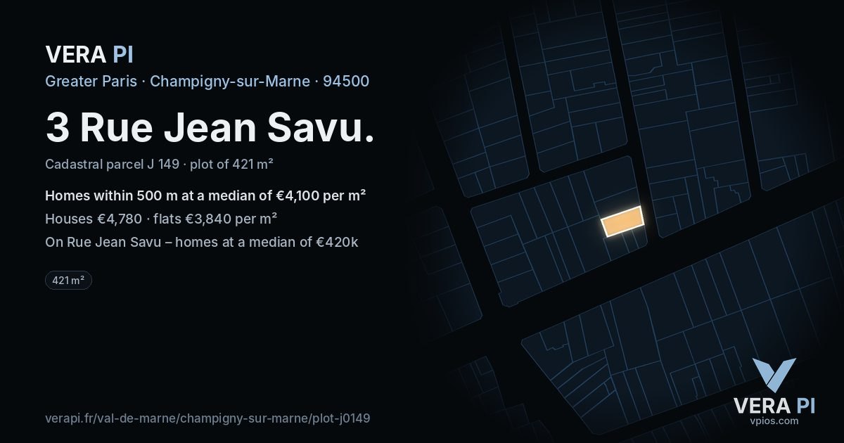 3 Rue Jean Savu, Champigny-sur-Marne at night – the plot lit, the parcels around coloured by the prices near them