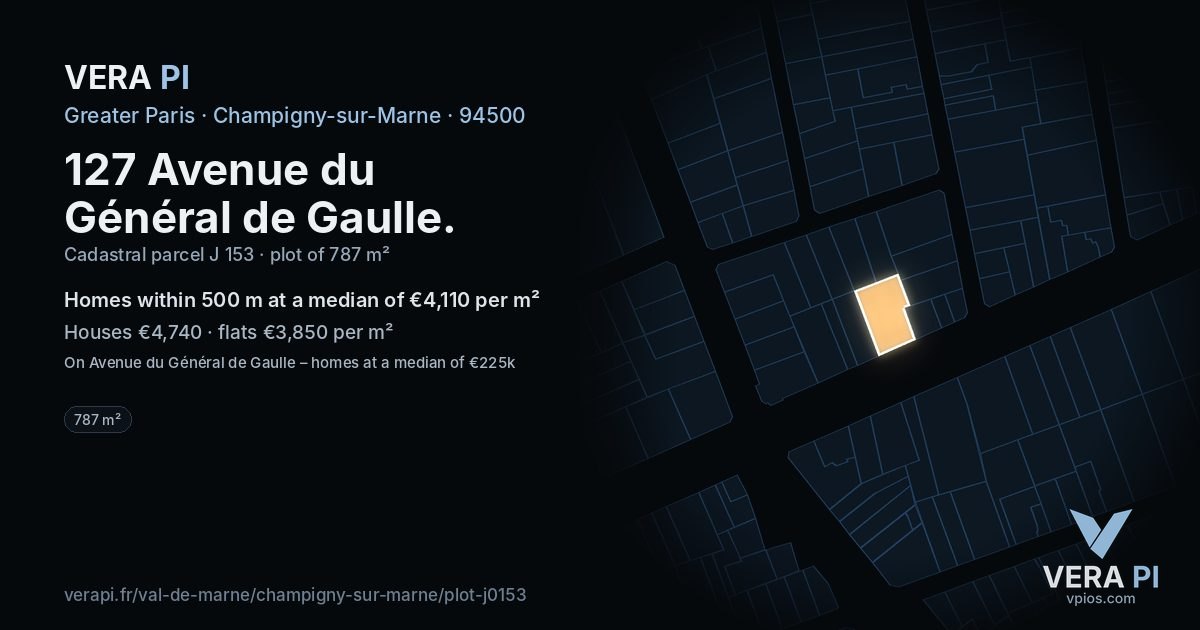 127 Avenue du Général de Gaulle, Champigny-sur-Marne at night – the plot lit, the parcels around coloured by the prices near them