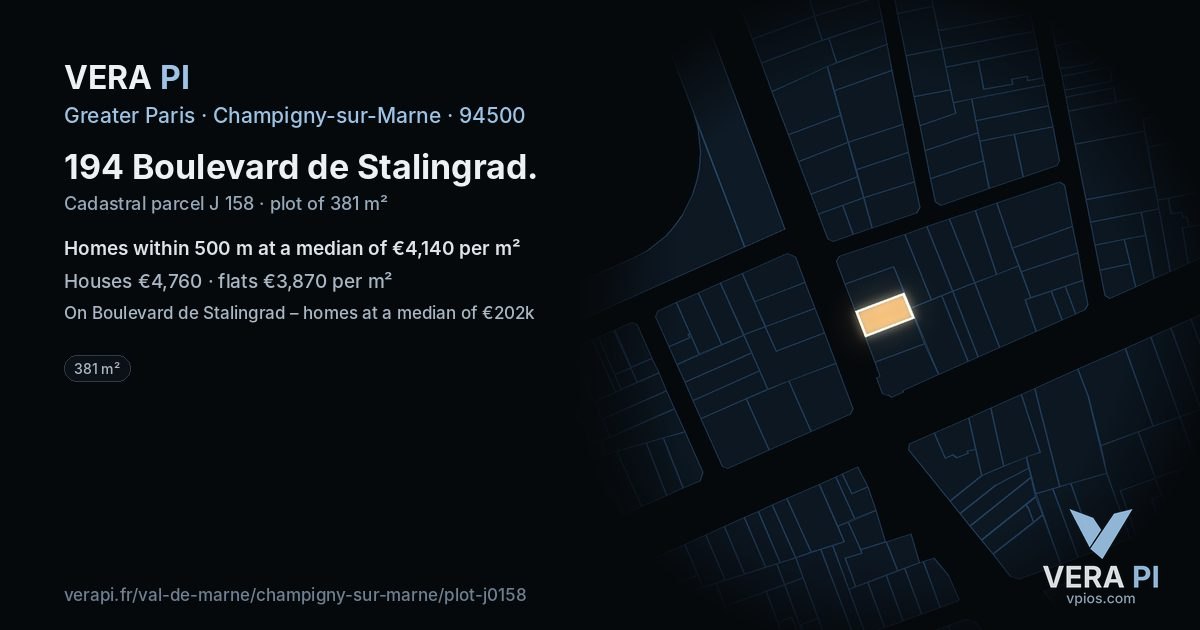 194 Boulevard de Stalingrad, Champigny-sur-Marne at night – the plot lit, the parcels around coloured by the prices near them