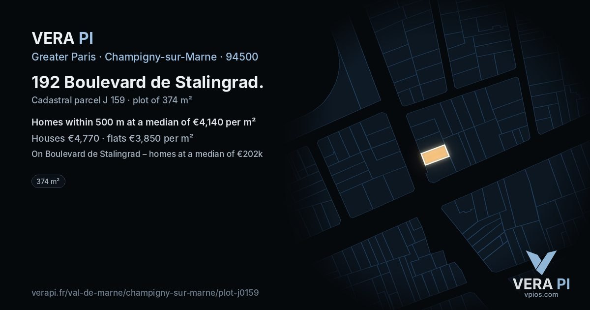 192 Boulevard de Stalingrad, Champigny-sur-Marne at night – the plot lit, the parcels around coloured by the prices near them