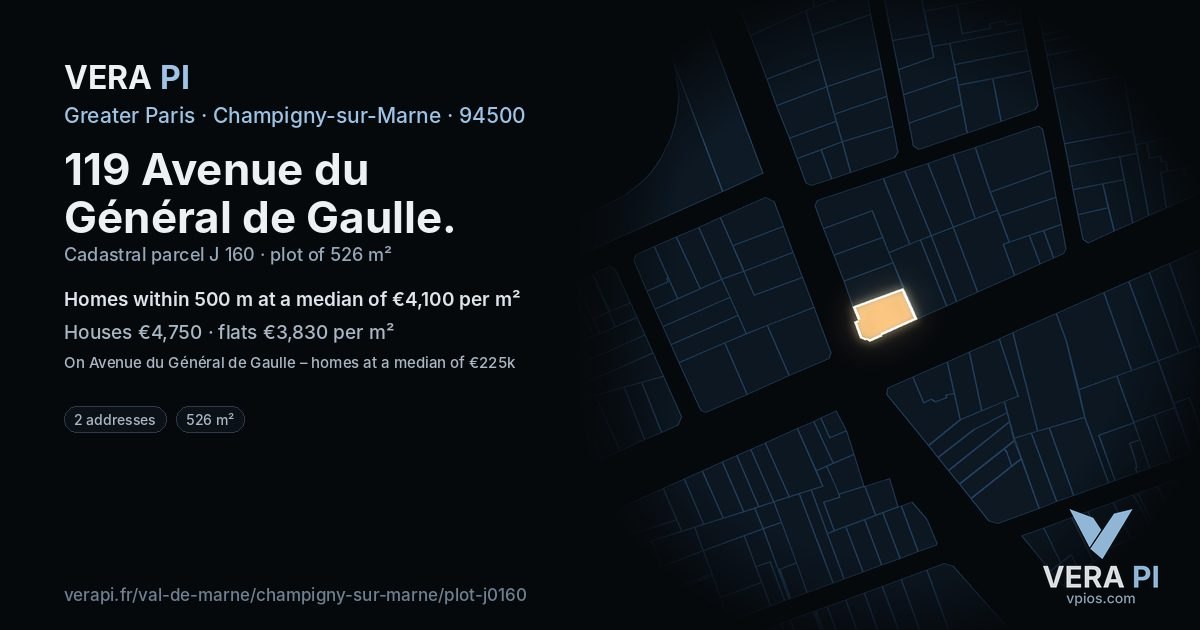 119 Avenue du Général de Gaulle, Champigny-sur-Marne at night – the plot lit, the parcels around coloured by the prices near them