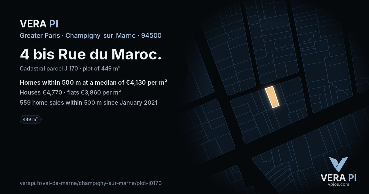 4 bis Rue du Maroc, Champigny-sur-Marne at night – the plot lit, the parcels around coloured by the prices near them