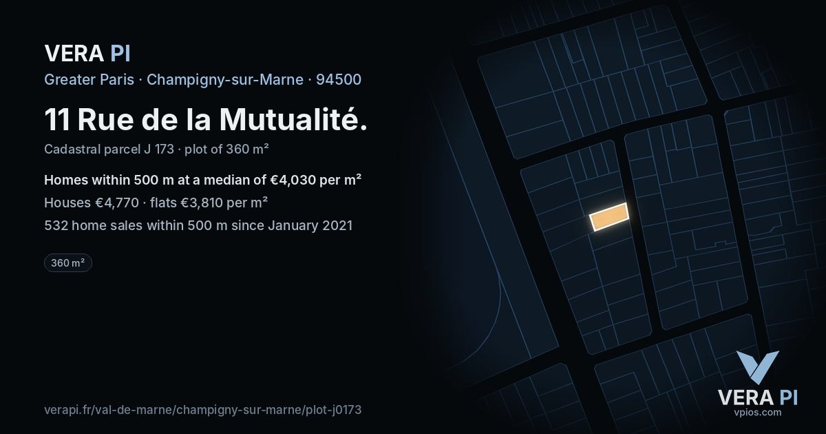 11 Rue de la Mutualité, Champigny-sur-Marne at night – the plot lit, the parcels around coloured by the prices near them