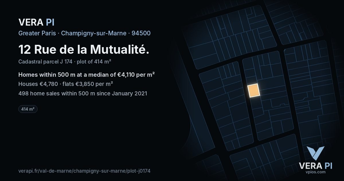12 Rue de la Mutualité, Champigny-sur-Marne at night – the plot lit, the parcels around coloured by the prices near them