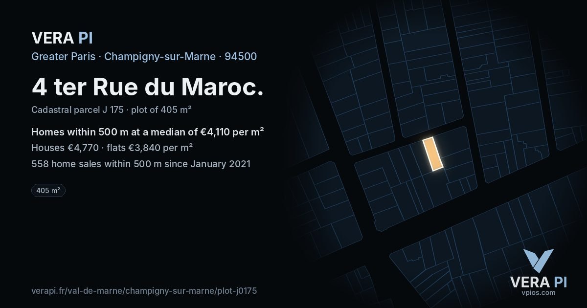 4 ter Rue du Maroc, Champigny-sur-Marne at night – the plot lit, the parcels around coloured by the prices near them