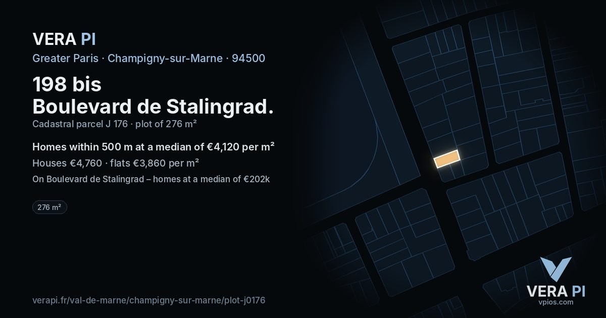 198 bis Boulevard de Stalingrad, Champigny-sur-Marne at night – the plot lit, the parcels around coloured by the prices near them