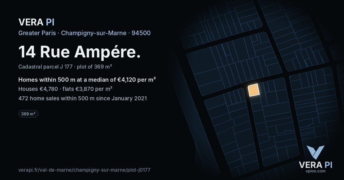 14 Rue Ampére, Champigny-sur-Marne at night – the plot lit, the parcels around coloured by the prices near them