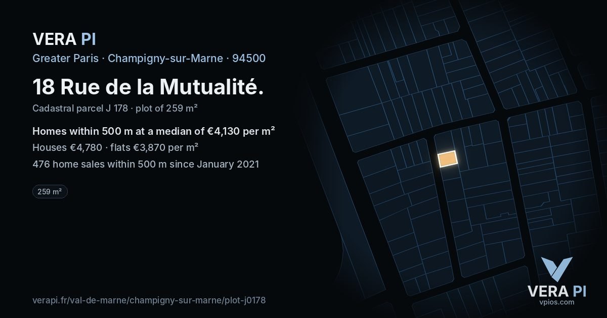 18 Rue de la Mutualité, Champigny-sur-Marne at night – the plot lit, the parcels around coloured by the prices near them