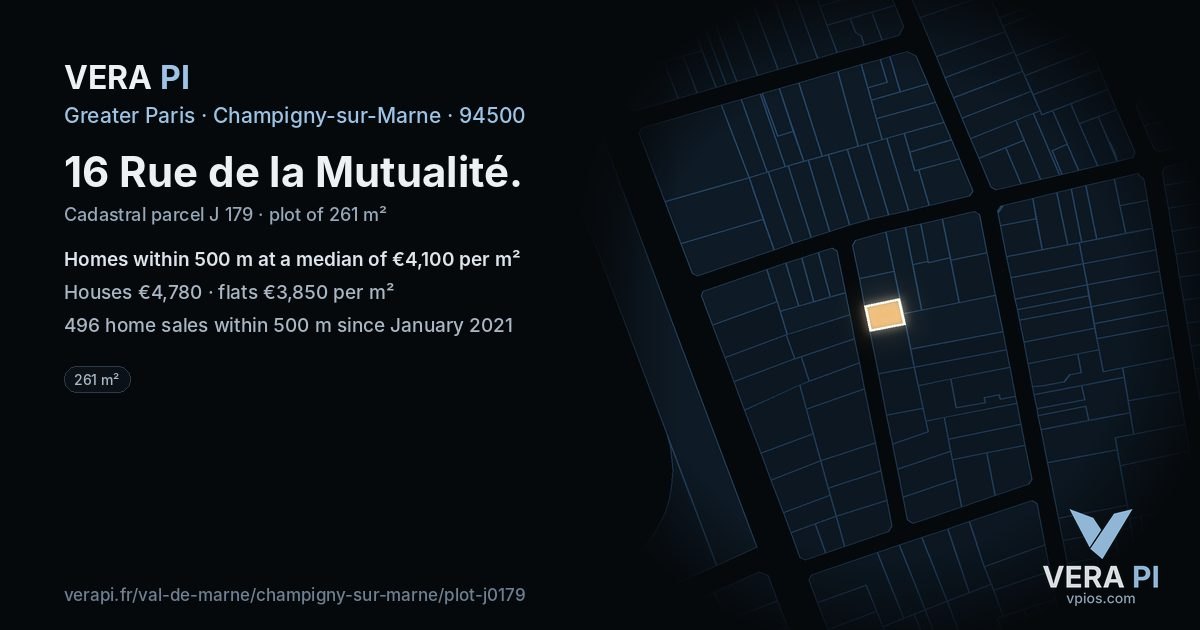 16 Rue de la Mutualité, Champigny-sur-Marne at night – the plot lit, the parcels around coloured by the prices near them