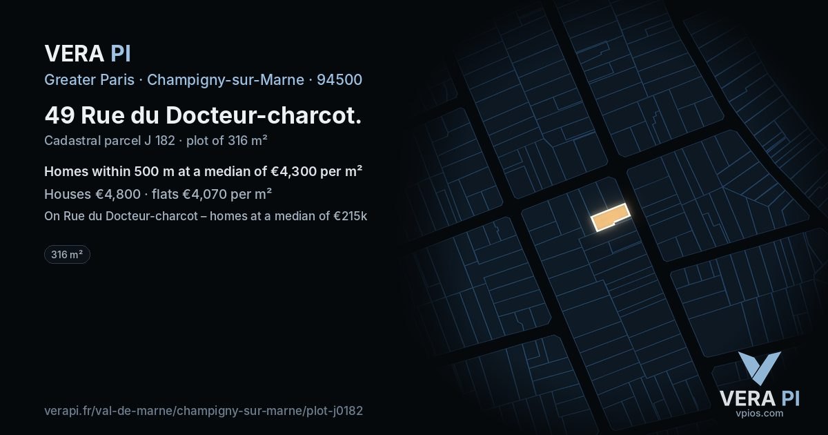 49 Rue du Docteur-charcot, Champigny-sur-Marne at night – the plot lit, the parcels around coloured by the prices near them
