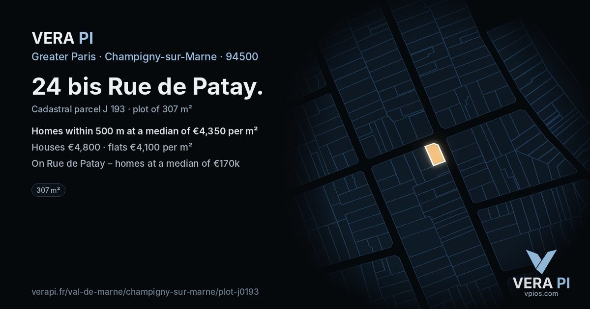 24 bis Rue de Patay, Champigny-sur-Marne at night – the plot lit, the parcels around coloured by the prices near them