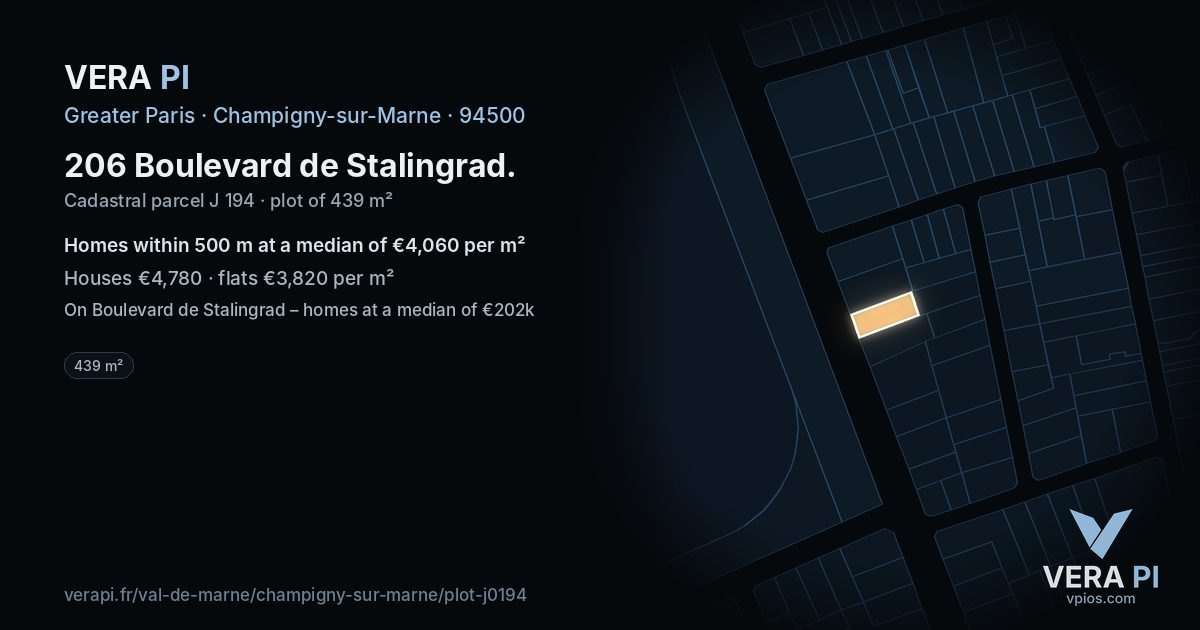 206 Boulevard de Stalingrad, Champigny-sur-Marne at night – the plot lit, the parcels around coloured by the prices near them
