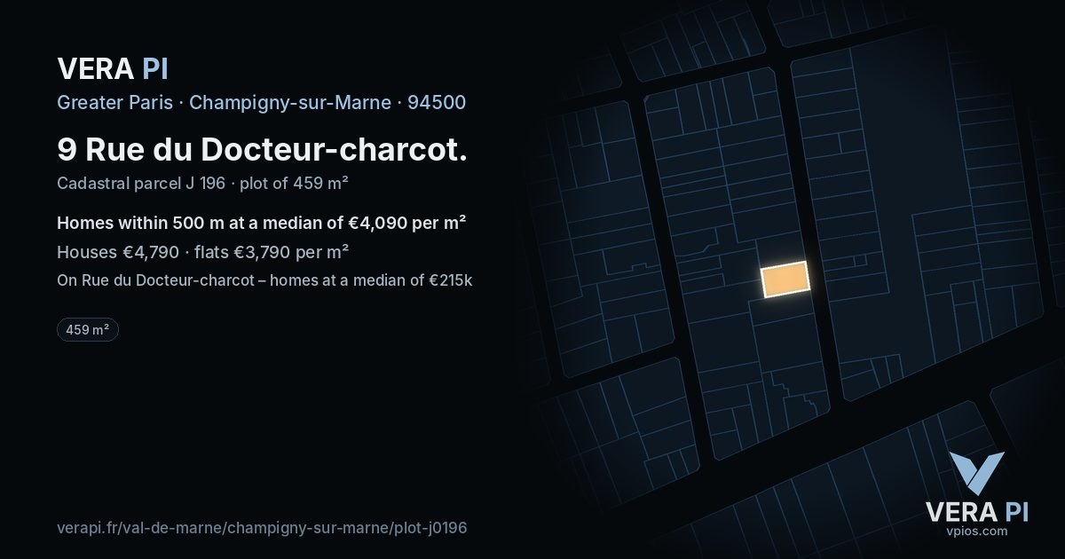 9 Rue du Docteur-charcot, Champigny-sur-Marne at night – the plot lit, the parcels around coloured by the prices near them