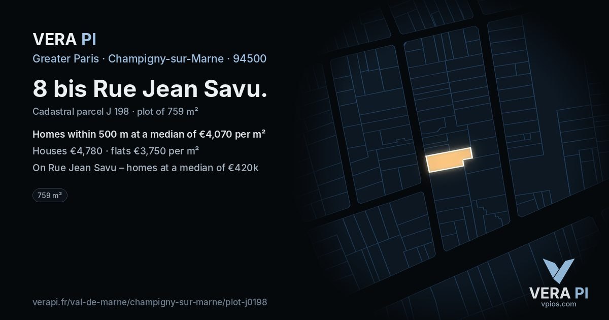 8 bis Rue Jean Savu, Champigny-sur-Marne at night – the plot lit, the parcels around coloured by the prices near them