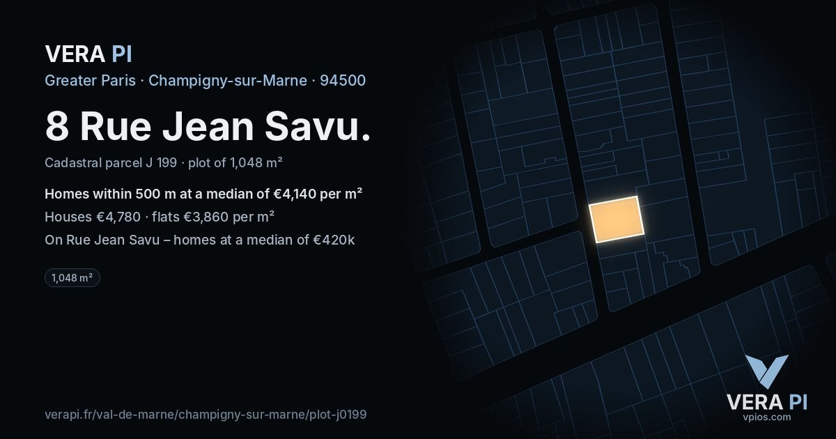 8 Rue Jean Savu, Champigny-sur-Marne at night – the plot lit, the parcels around coloured by the prices near them