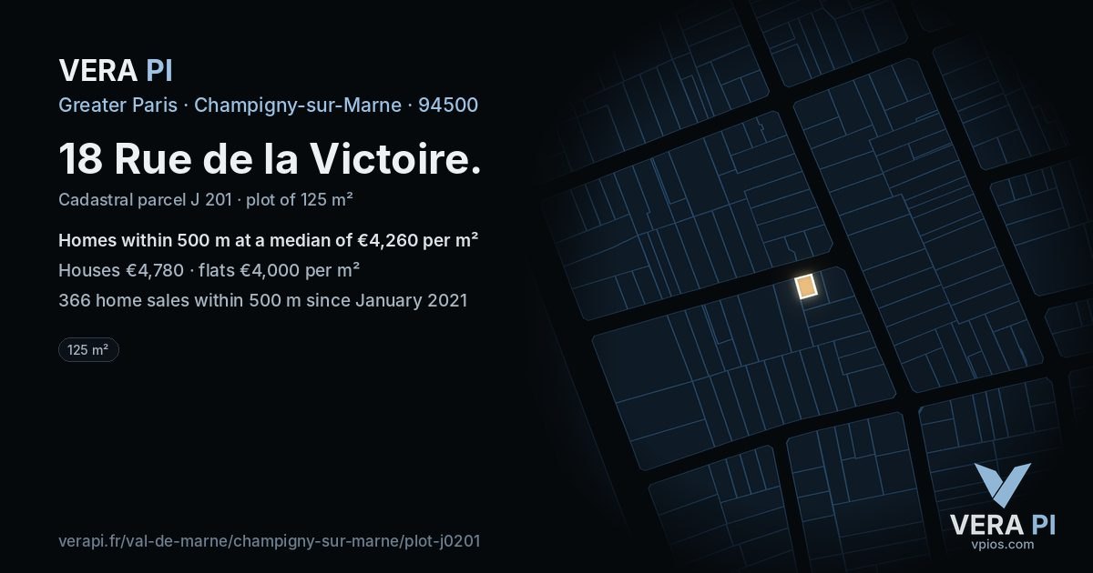 18 Rue de la Victoire, Champigny-sur-Marne at night – the plot lit, the parcels around coloured by the prices near them