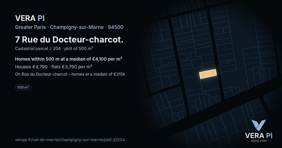 7 Rue du Docteur-charcot, Champigny-sur-Marne at night – the plot lit, the parcels around coloured by the prices near them