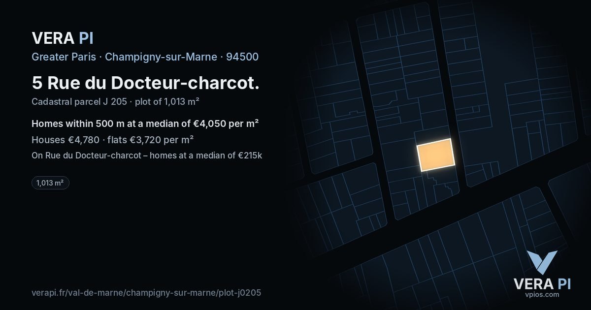 5 Rue du Docteur-charcot, Champigny-sur-Marne at night – the plot lit, the parcels around coloured by the prices near them