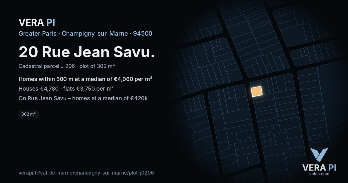 20 Rue Jean Savu, Champigny-sur-Marne at night – the plot lit, the parcels around coloured by the prices near them