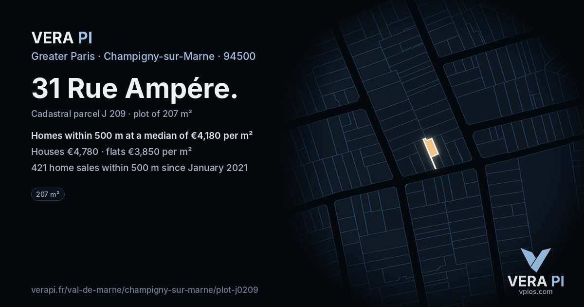 31 Rue Ampére, Champigny-sur-Marne at night – the plot lit, the parcels around coloured by the prices near them