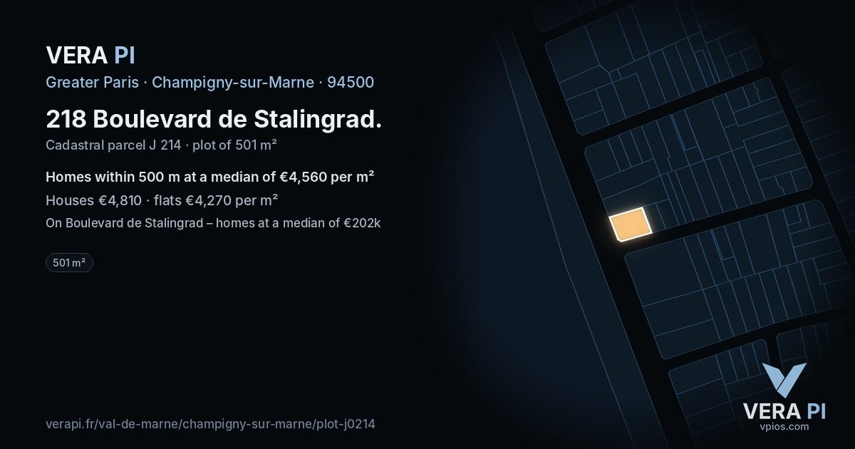 218 Boulevard de Stalingrad, Champigny-sur-Marne at night – the plot lit, the parcels around coloured by the prices near them
