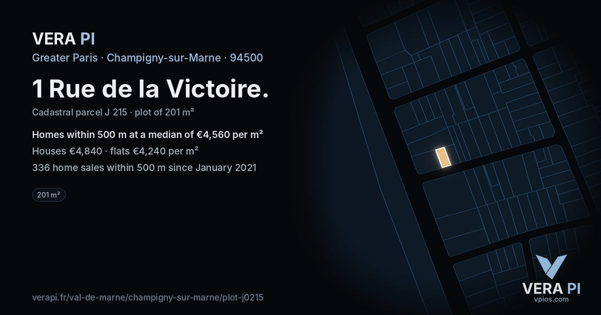 1 Rue de la Victoire, Champigny-sur-Marne at night – the plot lit, the parcels around coloured by the prices near them