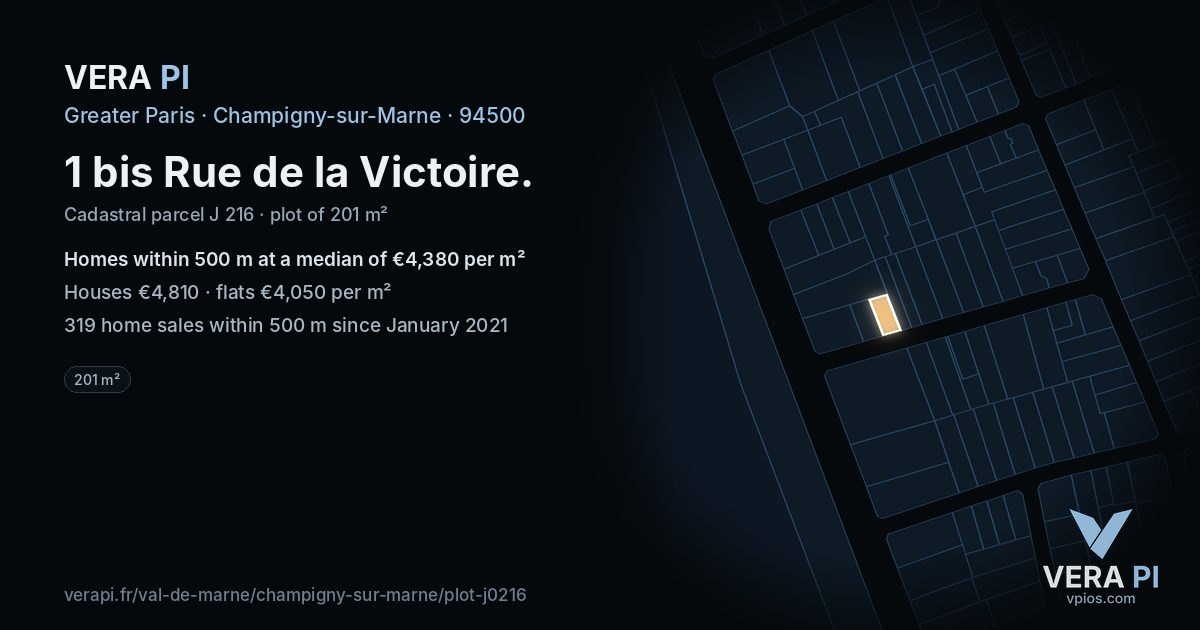 1 bis Rue de la Victoire, Champigny-sur-Marne at night – the plot lit, the parcels around coloured by the prices near them