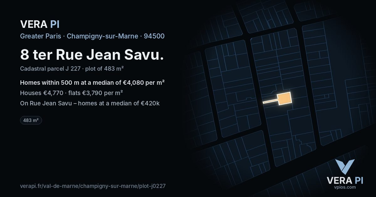 8 ter Rue Jean Savu, Champigny-sur-Marne at night – the plot lit, the parcels around coloured by the prices near them