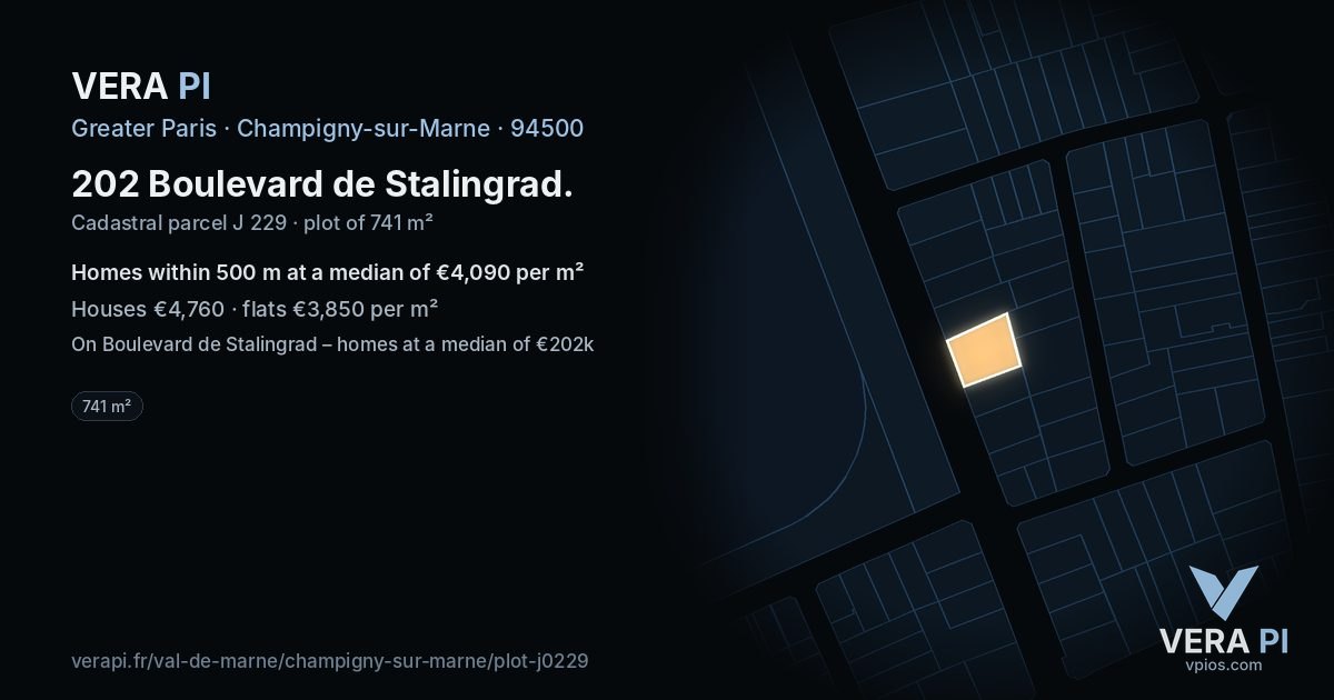 202 Boulevard de Stalingrad, Champigny-sur-Marne at night – the plot lit, the parcels around coloured by the prices near them