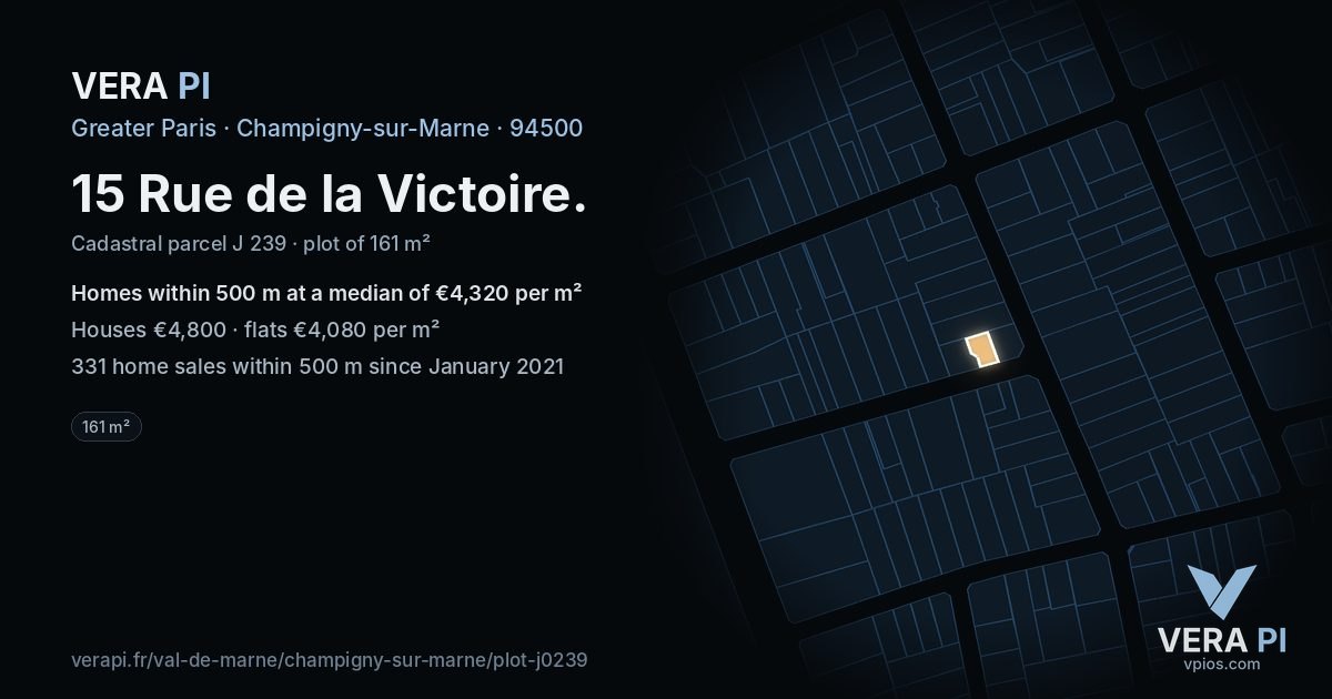 15 Rue de la Victoire, Champigny-sur-Marne at night – the plot lit, the parcels around coloured by the prices near them