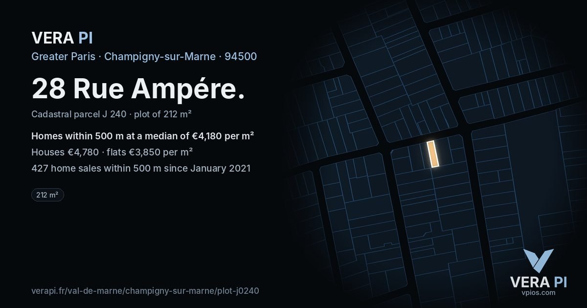 28 Rue Ampére, Champigny-sur-Marne at night – the plot lit, the parcels around coloured by the prices near them
