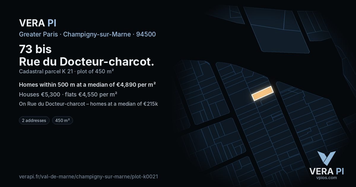 73 bis Rue du Docteur-charcot, Champigny-sur-Marne at night – the plot lit, the parcels around coloured by the prices near them