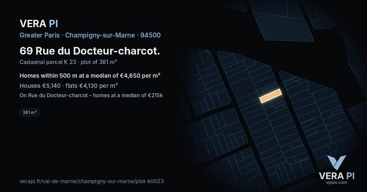 69 Rue du Docteur-charcot, Champigny-sur-Marne at night – the plot lit, the parcels around coloured by the prices near them