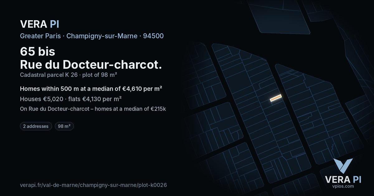 65 bis Rue du Docteur-charcot, Champigny-sur-Marne at night – the plot lit, the parcels around coloured by the prices near them