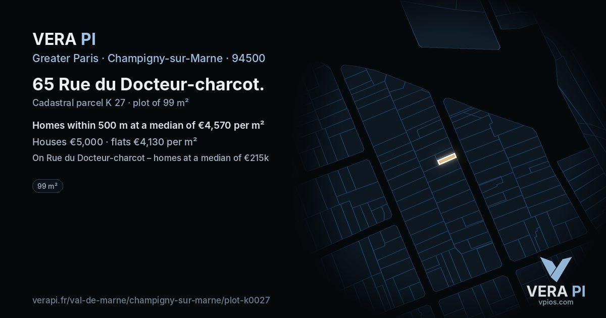65 Rue du Docteur-charcot, Champigny-sur-Marne at night – the plot lit, the parcels around coloured by the prices near them