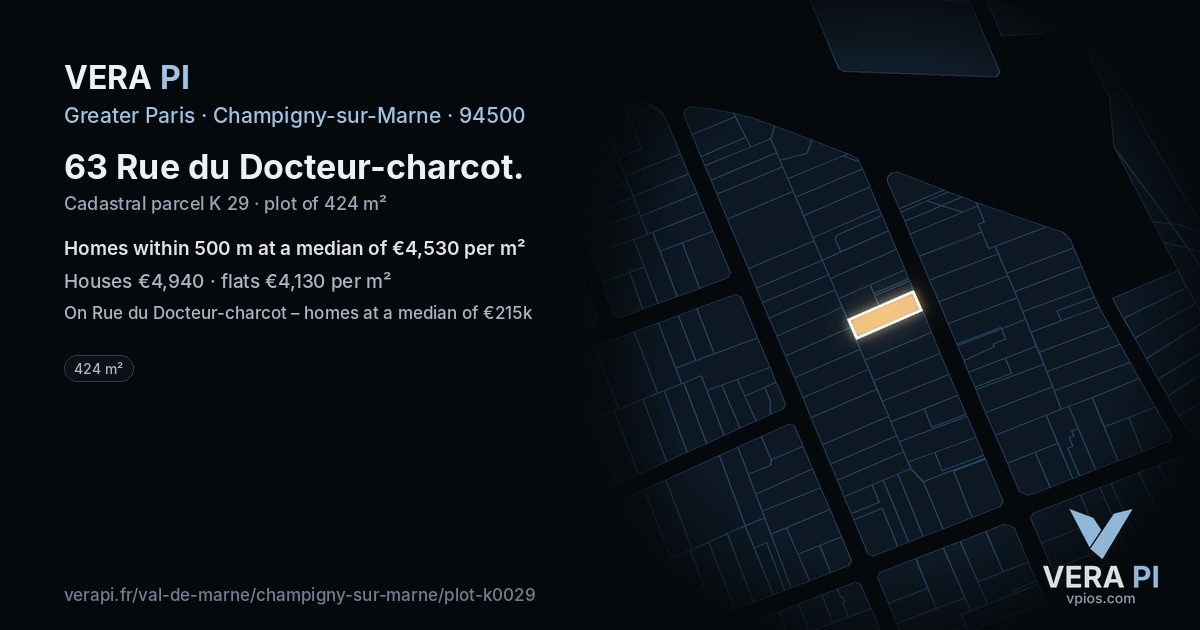 63 Rue du Docteur-charcot, Champigny-sur-Marne at night – the plot lit, the parcels around coloured by the prices near them